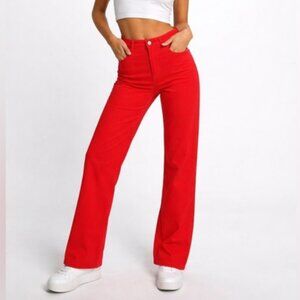 Zara Button Fly Straight Leg Red Jeans